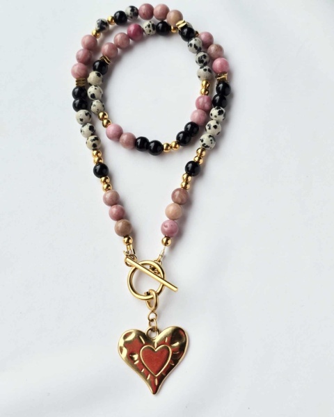 Naszyjnik Jaspis Dalmatyński, Czarny Turmalin i Rodonit