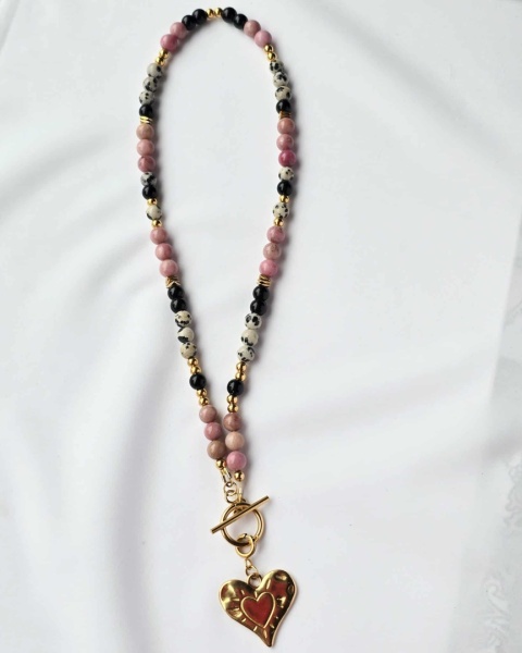 Naszyjnik Jaspis Dalmatyński, Czarny Turmalin i Rodonit